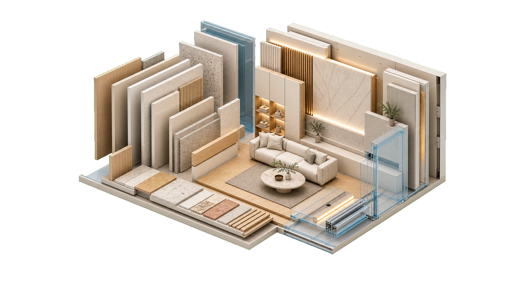 Isometric finish suite with coordinated material samples