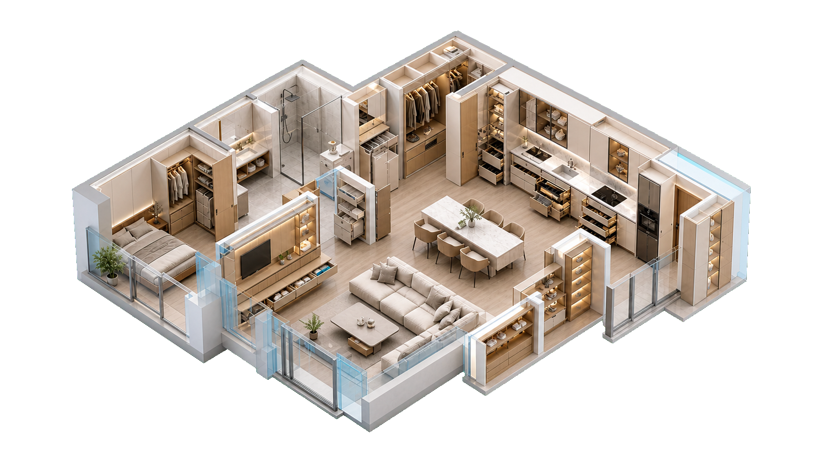 Isometric living modules for cabinetry and storage